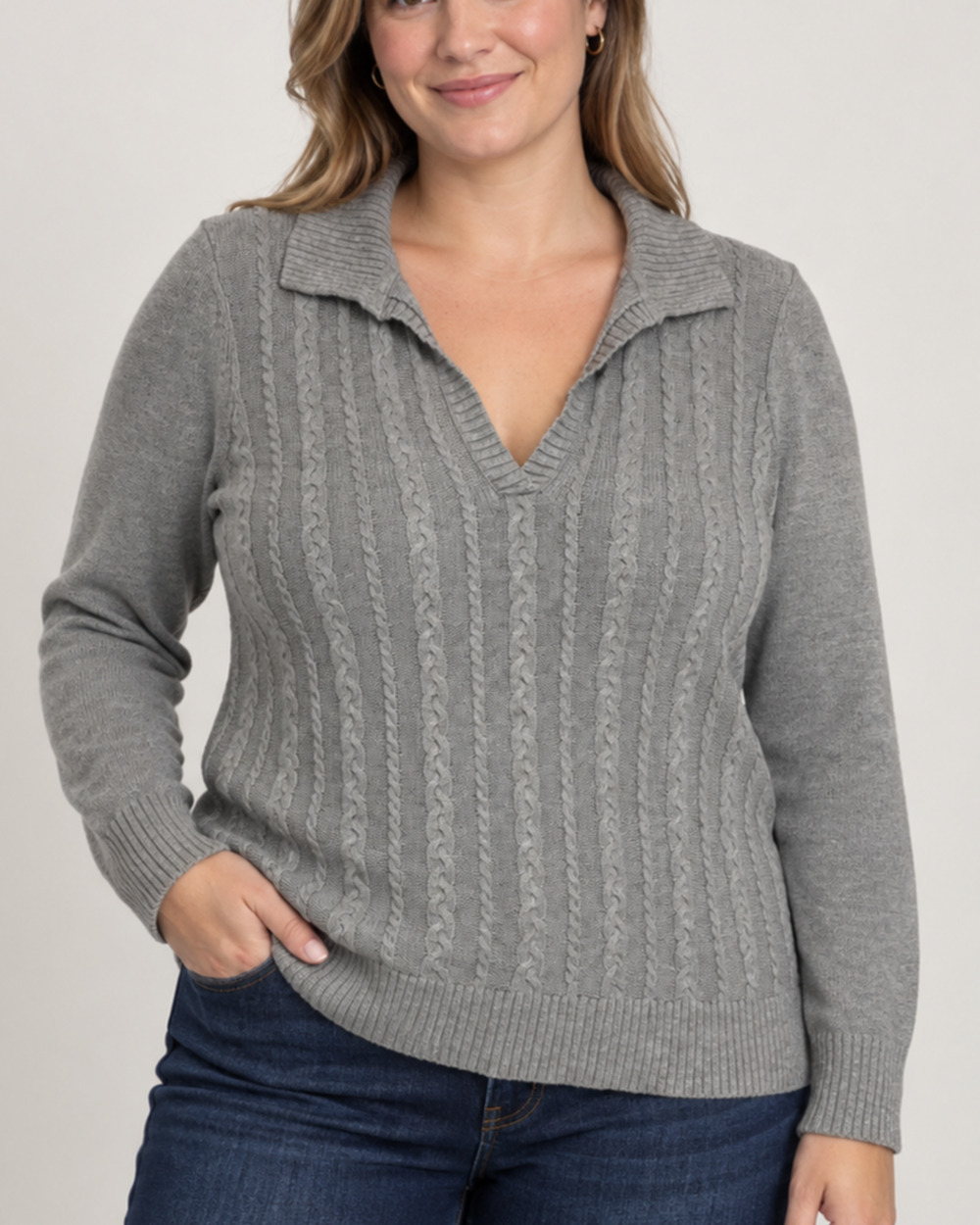 Talbots Gray Cable Knit 1X Collared V Neck Sweater Plus Size Cotton Coastal